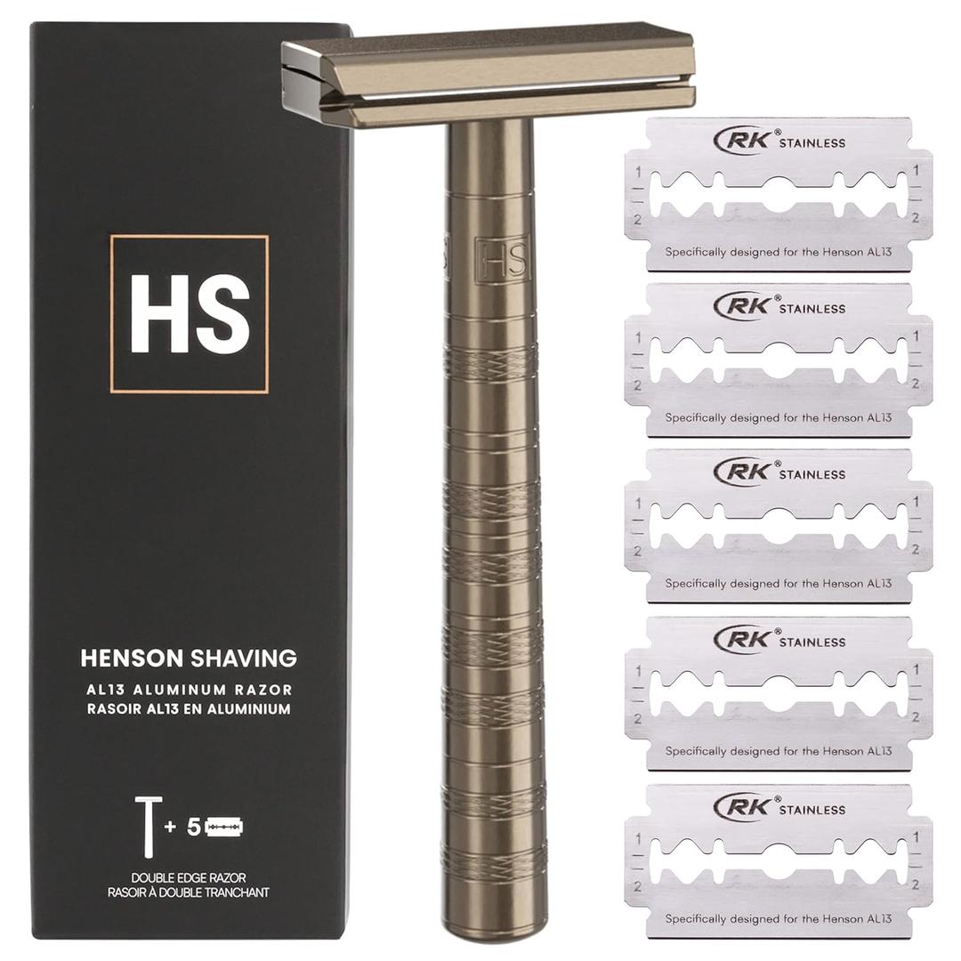 Henson Shaving Razor - Tan Double Edge Safety Razor with 5 Spare Blades - 30 Angled Precision With Superior Blade Rigidity- Reusable Single Blade Razors For Men and Women - Mild Aggression