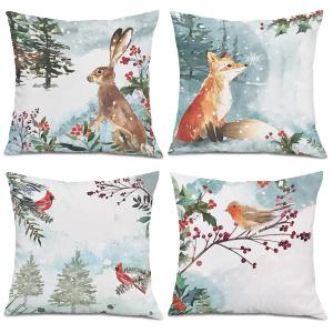 Watercolor Snowy Winter Woodland Animals Decorative Throw Pillow Covers for Holiday, Home Sofa Bed Couch Farmhouse Holiday Decor 18x18 Inch Set of 4