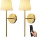 Gold Wall Sconces Set of Two, Small Rechargeable Battery Operated Wall Lamp with Remote, 5200mAh Cordless Wall Lights with Fabric Shade for Bedside, Bedroom, Nursery, Kitchen, Night Light
