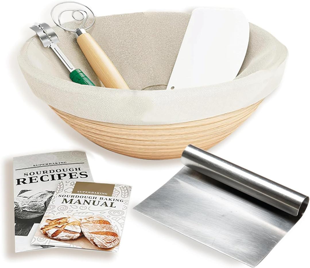 Sourdough Bread Kit  9 Banneton Bread Proofing Basket with Liner, Whisk, Lame, Scrapers & Recipe Guide  Complete Sourdough Kit with Bread Proofing Basket, Sourdough Tools & Bread Making Supplies