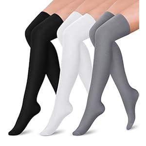 SunFeeling 3 Pairs Thigh High Compression Socks for Women Men Circulation Over the Knee Stockings - Best Support for Running, Nursing, Black/ White/ Grey, L/ XL, Large-X-Large