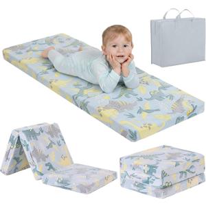 Tiita Foldable Floor Mattress for Kids-Glow in The Dark Toddler Nap Mat with Storage Bag, Portable Toddler Floor Pad for Travel, Daycare, Camping, RV, Playroom, Green Dinosaur, 57"L x 22"W x 3"Th