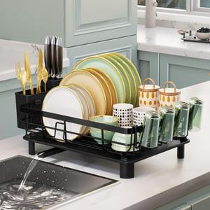 Lyellfe Dish Drying Rack, Rust-Proof Dish Drainer with Drainboard Utensil Cup Holder, Black Iron Dish Rack and Drainboard Set for Kitchen Counter, Over The Sink