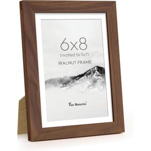 Fun Memories 6x8 Picture Frame for Wall & Tabletop Display, USA-Sourced Walnut Wood Photo Frame 6x8 Matted to 5x7, Wooden 6 x 8 Frames Tempered Glass for Gallery