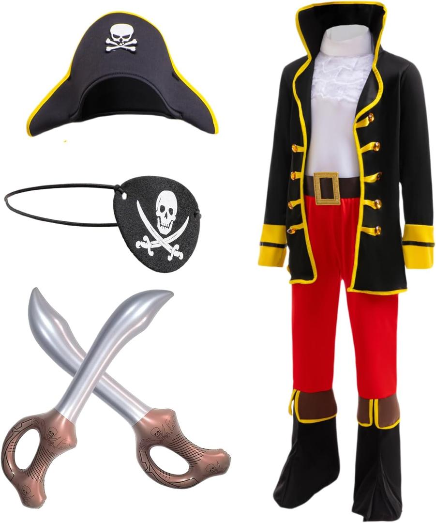Pirate Costume for Kids Cosplay Pirate Role Play Dress Up Halloween Costume Hat Belt Eyes patch Inflatable Sword, Small 