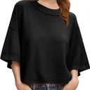 Girls Short Sleeve Sweater Kids Summer Oversized Cropped Sweaters Casual Crewneck Lightweight Knit Tops 5-14Y (Black)