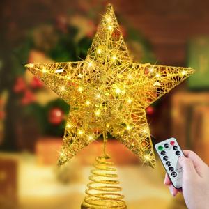 Raxurt Christmas Tree Topper, 40 LED 11 Inches USB Lighted Star Tree Topper with Remote Control for Christmas Tree Decorations, Gold/Large