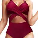 Women's One Piece Swimsuits Halter Cutout Mesh Swimwear High Waisted Tummy Control Wrap Tie Bathing Suit US, Alpha, Large, Regular Wine Red)
