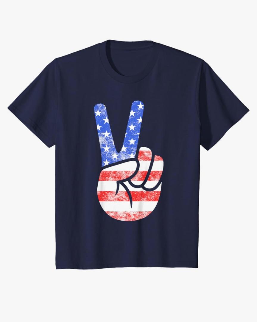 American Flag Peace Sign Hand Shirt USA 4th Fourth of July T-Shirt Blue, Extra Small 