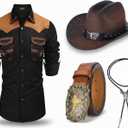 Yahenda 4 Pcs Men Western Cowboy Outfit Cowboy Shirt PU Leather Belt Western Accessories for Carnival(XX-Large)