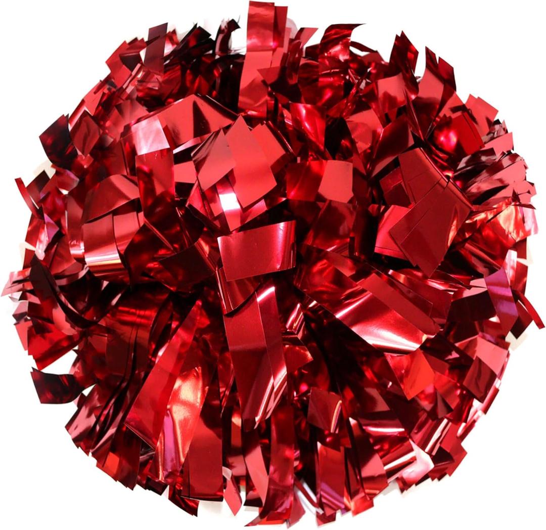 Danzcue 6 Inches Metallic Cheerleading Pom Pom with Baton Handle Pack of 2 (One Size, Red)