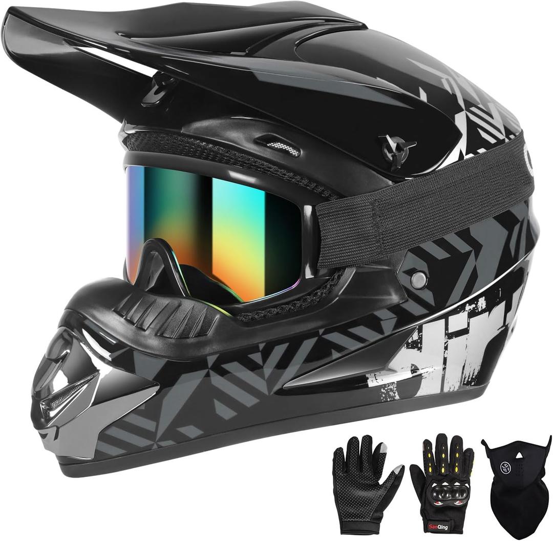 SPARK DOT Youth Motocross Helmet Kids Dirt Bike Helmets - Full Face, Lightweight & Breathable for Off-Road E-Bike BMX MX ATV (with Gloves Goggles Mask) 4Pcs Set, Large(59-60cm), Grey