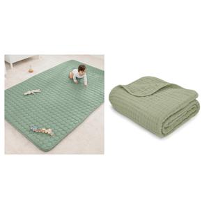 Comfy Cubs Premium Play Mat, Rectangle (Large) and Muslin Baby Blanket Bundled - Sage