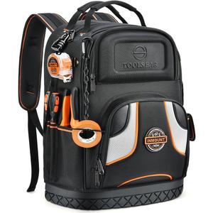 Tool Backpack Bag, HVAC Heavy Duty Construction Tools Backpack for Men, Professional Level Durable Tool Organizer, with Molded Base & Combination Lock, for Electricians & Home Repair (Black)