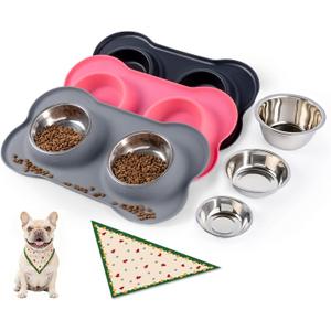 Dog Bowls with Silicone Feeding Mat,No Spill Food Water Dish Set,Dishwasher Safe,2 Stainless Steel Puppy Bowls with Dogs Bandanas,Suitable for Tiny Pets Under 8lbs,Extra Small,Grey
