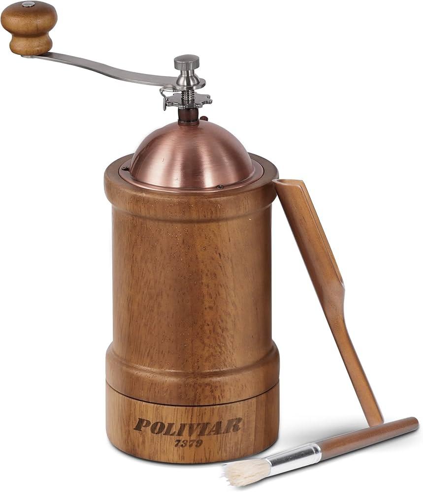 POLIVIAR Manual Coffee Grinder, Coffee Bean Grinder with Adjustable Ceramic Burr, Vintage Style Wooden Hand Coffee Grinder, Large Capacity Burr Coffee Grinder with Brush and Spoon
