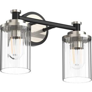 Bathroom Lighting Fixtures Black and Brushed Nickel Bathroom Vanity Light with Cylindrical Clear Stripes Glass Lampshade E26 Socket Base Bathroom Lighting Fixtures Over Mirror (2 Lights)