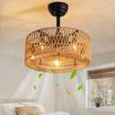 Boho Caged Ceiling Fan with Light, 18 inch Rattan Ceiling Fan with Light, Boho Fandelier, Farmhouse Fandelier Low Profile Cei ling Fan for Bedroom Kitchen Living Room Kids Room