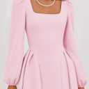 ZESICA Women's Long Sleeve Midi Dresses 2026 Fall Square Neck Swing A Line Wedding Guest Evening Prom Dress (Pink, S)