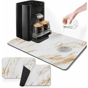 Arttown Coffee Mat for Countertops, Marble White Gold Dish Drying Mat 2 Pcs for Kitchen Bar Accessories, Fit Under Coffee Maker Espresso Machine Dish Rack Hide Stain Rubber Backed 12x19in