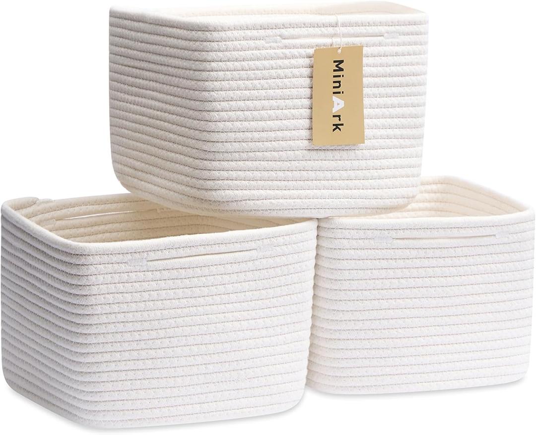 MiniArk Small Organizing Baskets for Cubes Shelf, 9.7x9.7x7.1 Inch Rope Woven Storage Bins for Nursery Shelves Storage, Cute Toy Basket, Square 3 Packs Off White