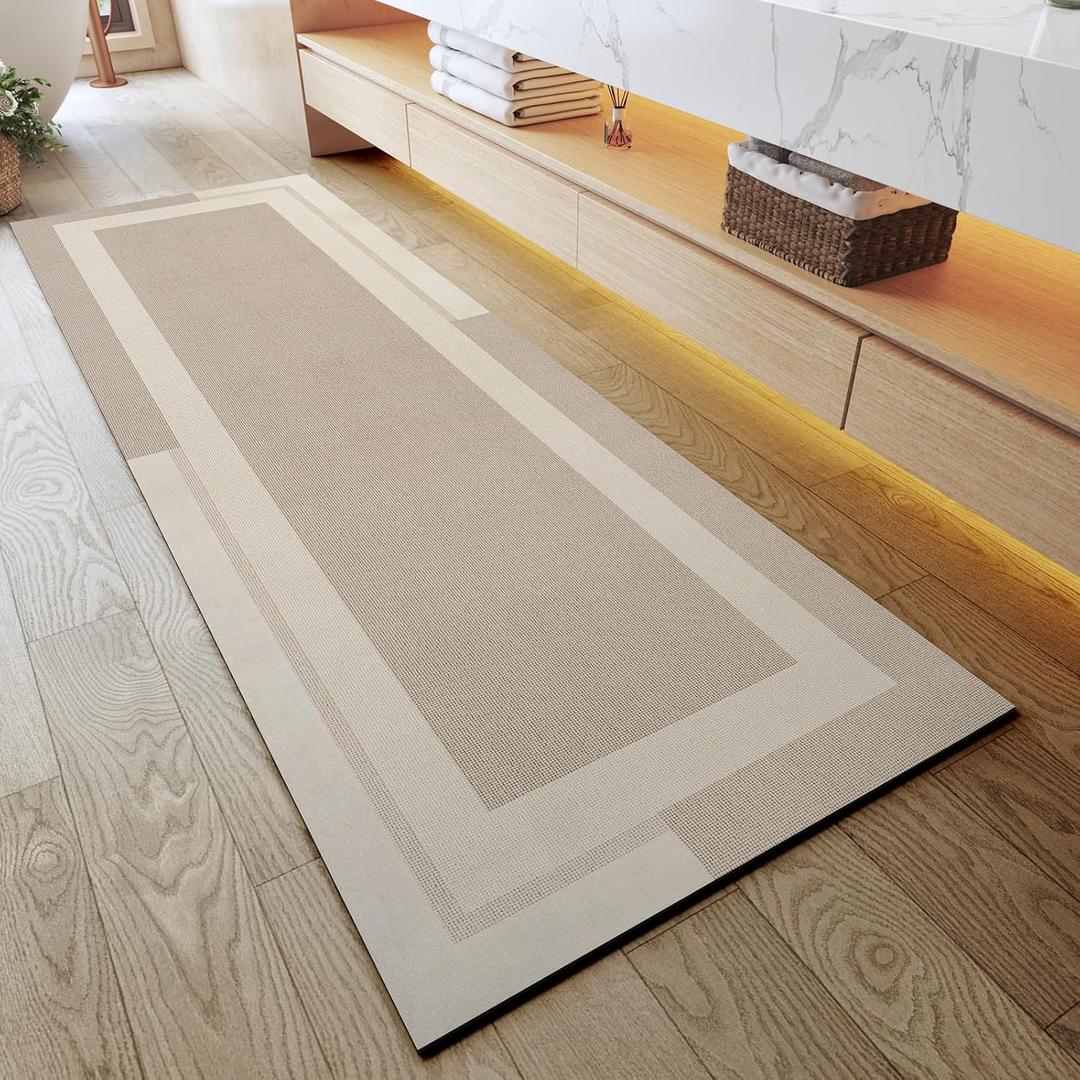 YDKGL Extra Long Non Slip Bathroom Runner Bath Mat, Rubber Backing Ultra Thin Bath Rug Fit Under Door Quick Dry Super Absorbent Washable Shower Mat for Bathroom Floor Bathtub Sink, Beige 24"x70"