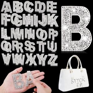 Yinder 52 Pieces Glitter Rhinestone Letter Stickers Crystal Rhinestone Iron on Letter Self Adhesive A-Z Glitter Resin Stickers for Clothing Art DIY Works (White)