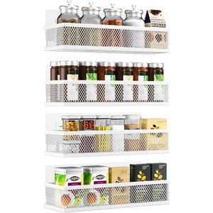 Spice Rack Wall Mount, 4 Pack Wall Spice Rack & Hanging Storage Baskets Organizer Wall Mount, Large Capacity Metal Spice Shelf for Kitchen Cabinet, Pantry Doors, Bathroom, Shower, Home Decor (White)