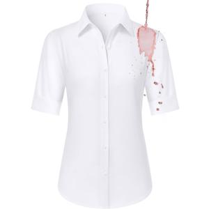 Gleeivy Button Down Shirts for Women Fitted Short Sleeve Dress Shirt Collared Blouses Work Tops Wrinkle Free, Medium