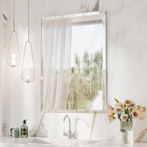 Keonjinn 24 x 36 Inch Frameless Bathroom Mirror, Beveled Mirrors for Bathroom Sink, Rectangle Wall Mirror Shatterproof, Modern Decorative for Living Room, Entryway, Bedroom, Horizontal/Vertical