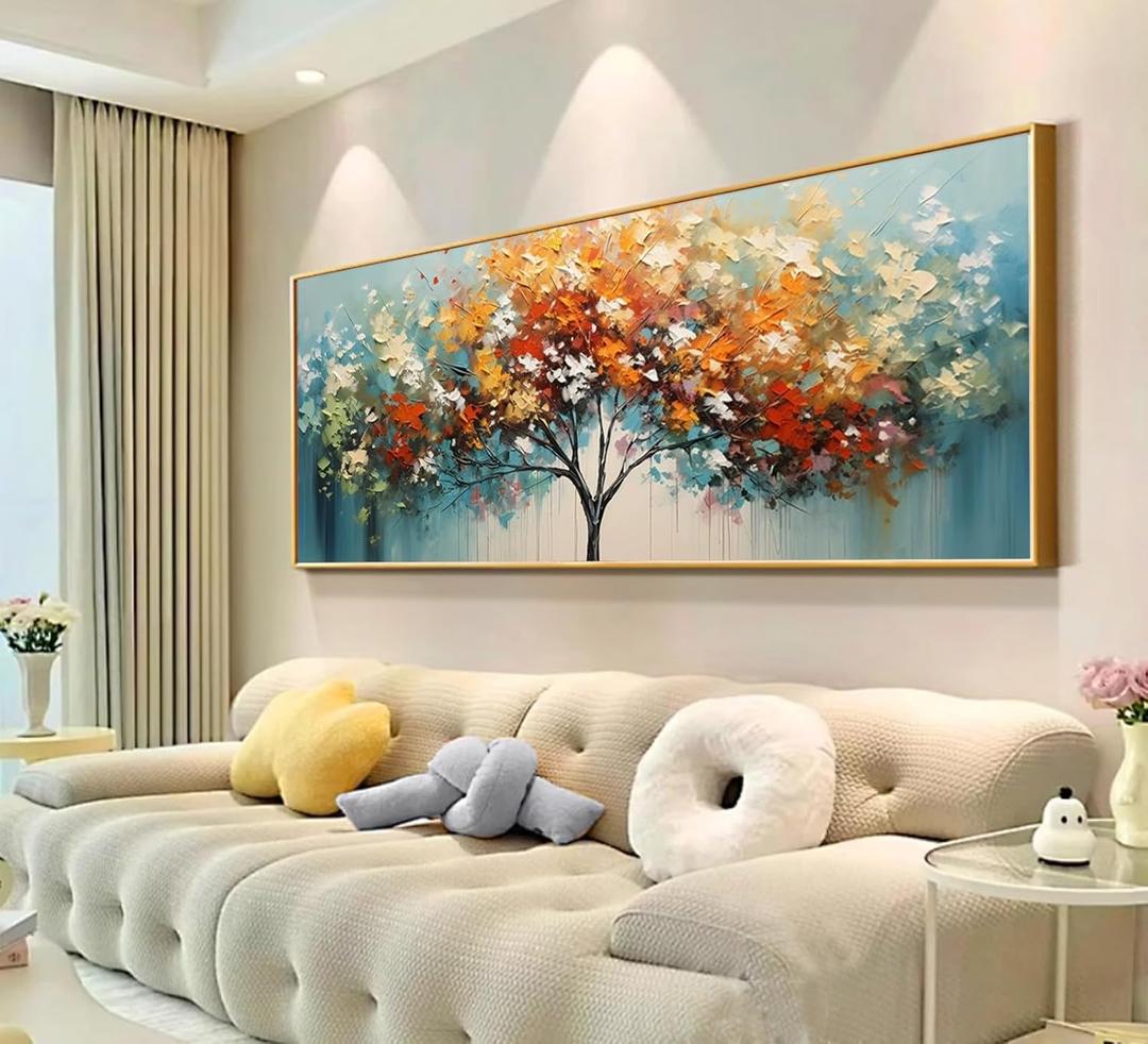 Hand Painted Tree of Life Canvas Oil Painting for Living Room-Framed Colorful Tree Wall Art for Bedroom-Large 3D Landscape Picture for Office Decoration 24x56 inches