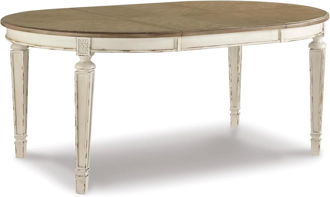 Signature Design by Ashley Realyn Oval Dining Room Extension Table, Seats 6, Antiqued 2-tone Finish, Wood, Distressed White