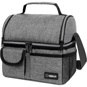opux Insulated Lunch Bag Women Men, Dual Compartment Leakproof Lunch Box Adults Kids, Double Decker Meal Prep Bento Lunch Cooler Tote with Shoulder Strap for Work Office School Travel, Gray