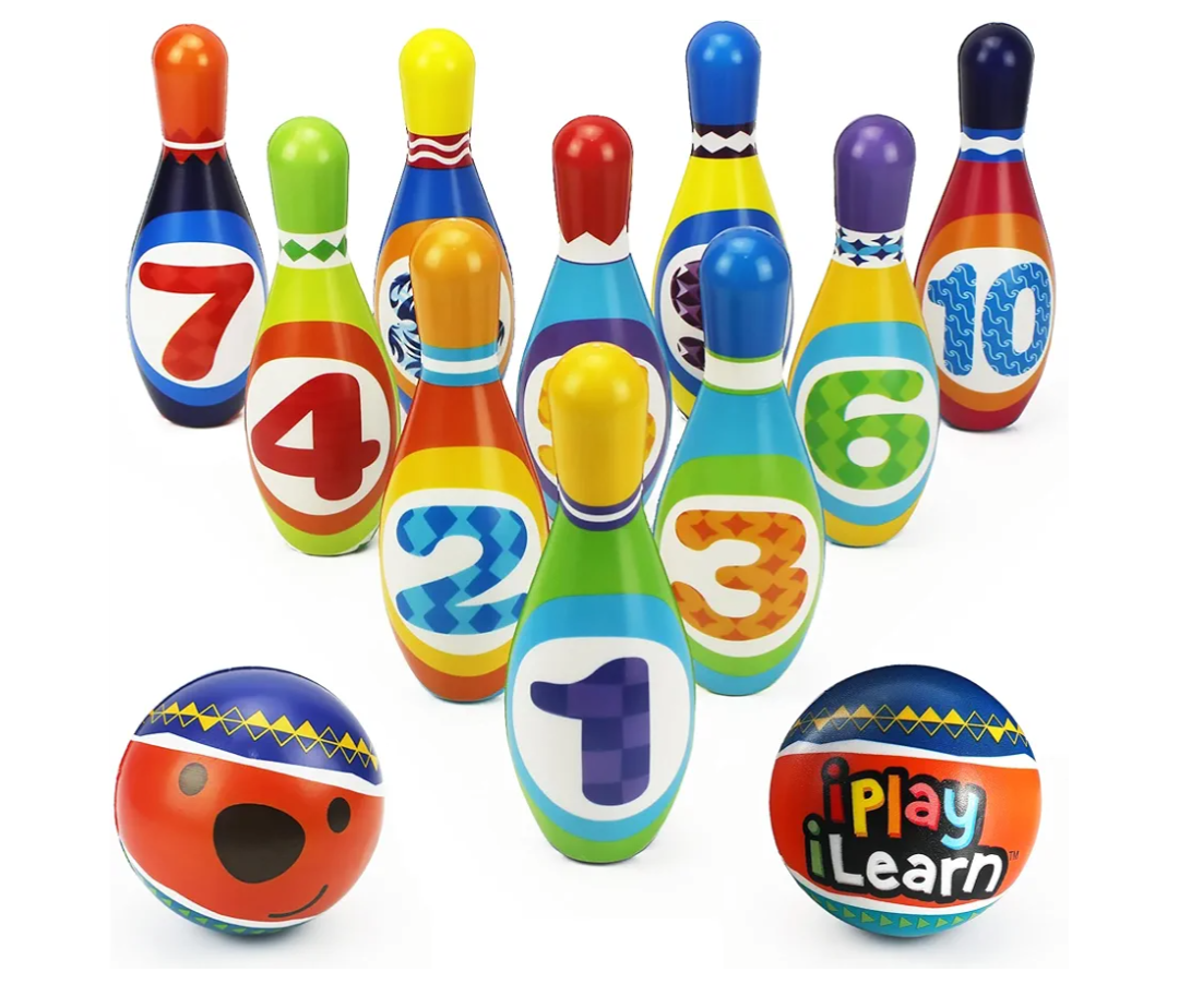 iPlay, iLearn Kids Bowling Toys Set, Toddler Indoor Outdoor Activity Play Game, Soft 10 Foam Pins & Two Balls Playset, Educational, Birthday Party Gift for 18 24 Months, 2 3 Year Old Children Boy Girl