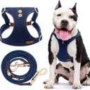 No Pull Dog Harness with Multifunction Dog Leash,Soft Adjustable No Choke Escape Proof Pet Harness Vest for Medium Dogs or Large Dogs,Denim Blue,L
