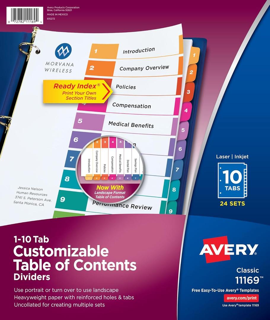 Avery 10 Tab Dividers for 3 Ring Binders, Customizable Table of Contents, Multicolor Tabs, 24 Sets (11169)