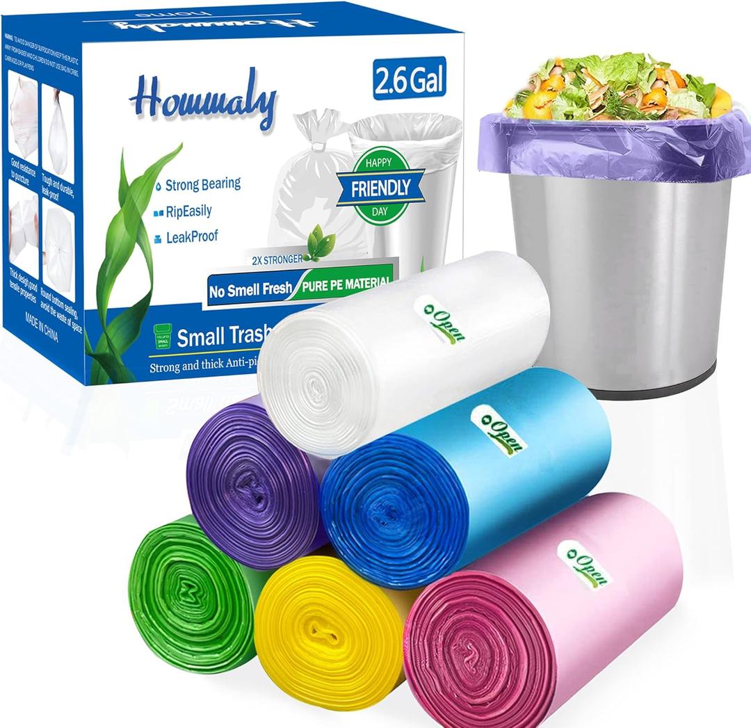 2.6 Gallon Small Trash Bags,Garbage Bag Bin Liners, 10 Liters Bin Bags Wastebasket Bags for home office kitchen Trash Can,Bathroom,Bedroom 300 Counts 6 Color
