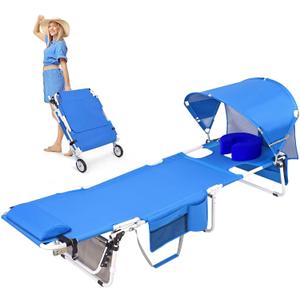 Wheel-To-Go Tanning Chair with Wheels Sun Canopy Umbrella Face Hole Thicker Washable Adjustable, Heavy Duty Folding Lay Flat Sun Lounge Chair Beach Outside Sunbathing Reading, UPF 50+ (Patent Design), 23.2 x 74.8 x 13.6 inches