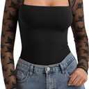 PINKMSTYLE Women Sexy Square Neck Lace Long Sleeve Tops Slim Fit Double Lined Trendy Y2K Going Out Fall Shirts (Medium, Black)