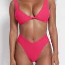 geluboao Bikini Set for Women Solid V Neck Knot Front Push Up High Leg Thong Two Piece Swimsuit (Pink, L)