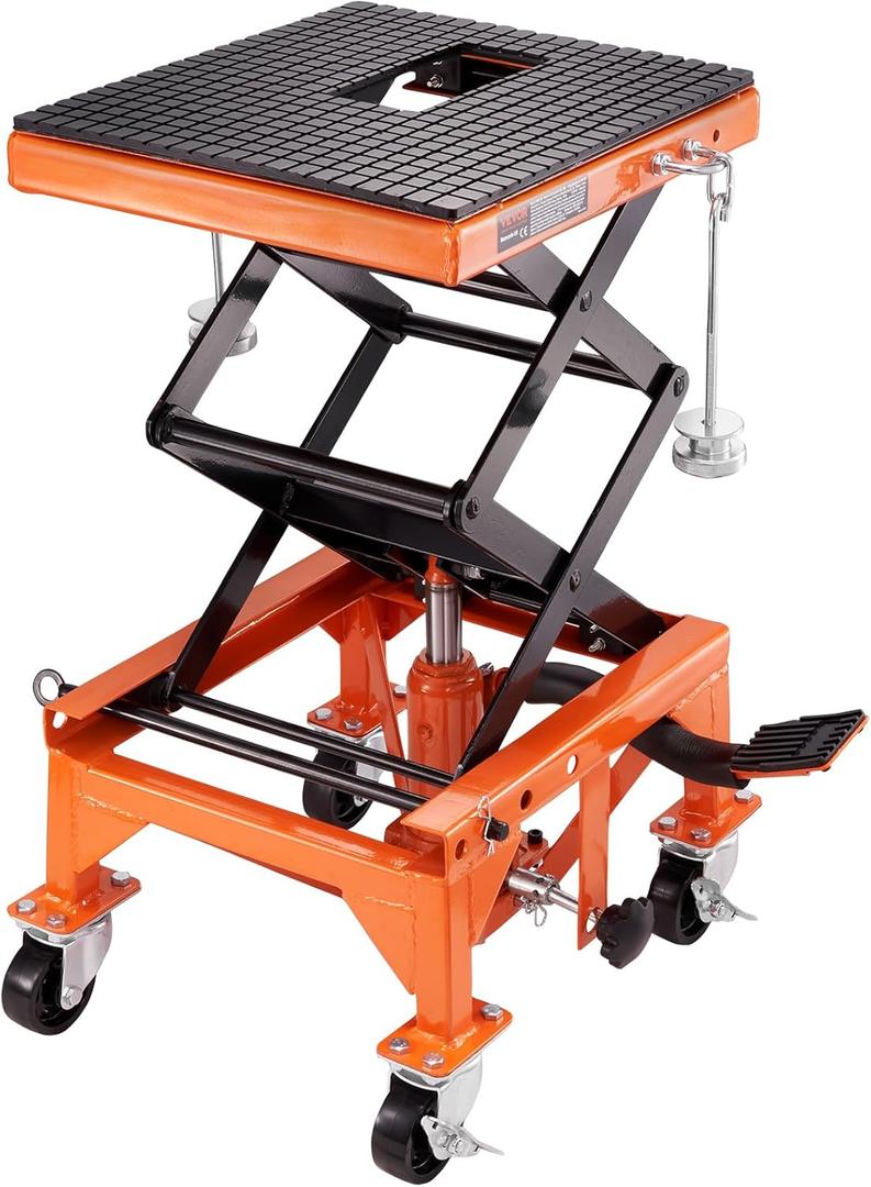 VEVOR Hydraulic Motorcycle Lift Table, 350 lbs Capacity Motorcycle Scissor Jack Lift with Wide Deck, J-Hooks, 4 Wheels, Hydraulic Foot-Operated Jack Stand for ATV Dirt Bikes