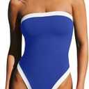 LASLULU Womens Sexy One Piece Swimsuit Strapless Padded Square Neck Bandeau Bathing Suits with Adjustable Spaghetti Straps, Large