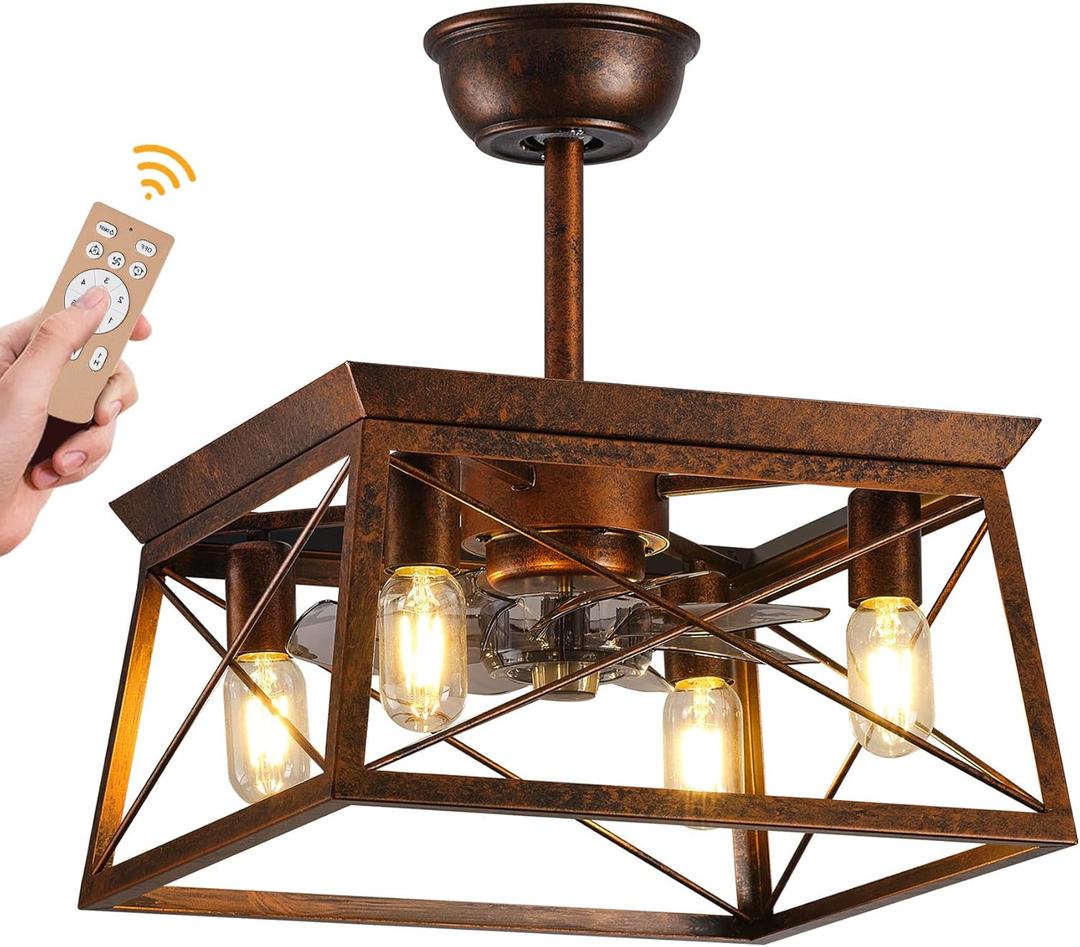 Farmhouse Ceiling Fans with Lights Remote Control Rustic Ceiling fans with Lights Caged Fandelier Flush Mount Ceiling Fan with Light Indoor Outdoor for Gazabo Bedroom Dining Room Living Room