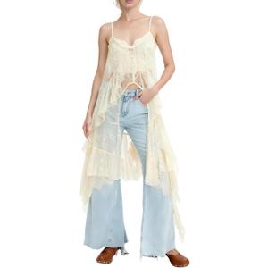 Women Boho Lace Flowy Top Spaghetti Strap Sheer See Through Long Cami High Low Ruffle Layering Crop Tops (Small, Bohemian Beige)