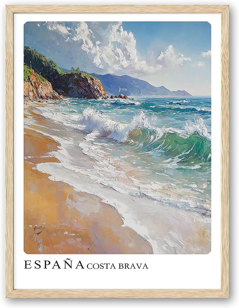 sea Abstract Wall Art Oak Wood Beach Frame Wall Art, 8X10 inch Spanish Retro Travel City Poster Canvas Print, Classic City Landmark, Suitable Bedroom for Living Room