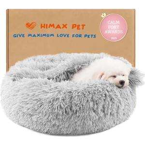 Himax Small Cat & Dog Bed with Cover, Calming Dog Bed for Small Dogs,Anti-Anxiety Donut Dog Bed with Attached Blanket,Washable Round Fluffy Pet Bed (20"/26"/35")Light Grey