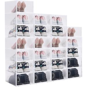 24 Pack Large Shoe Storage Box Fit Size 10 Plastic Closet Clear Shoe Organizer with Lids, Detachable Stackable Connectable Horizontally Vertically Foldable Sneaker Storage Bin for Entryway