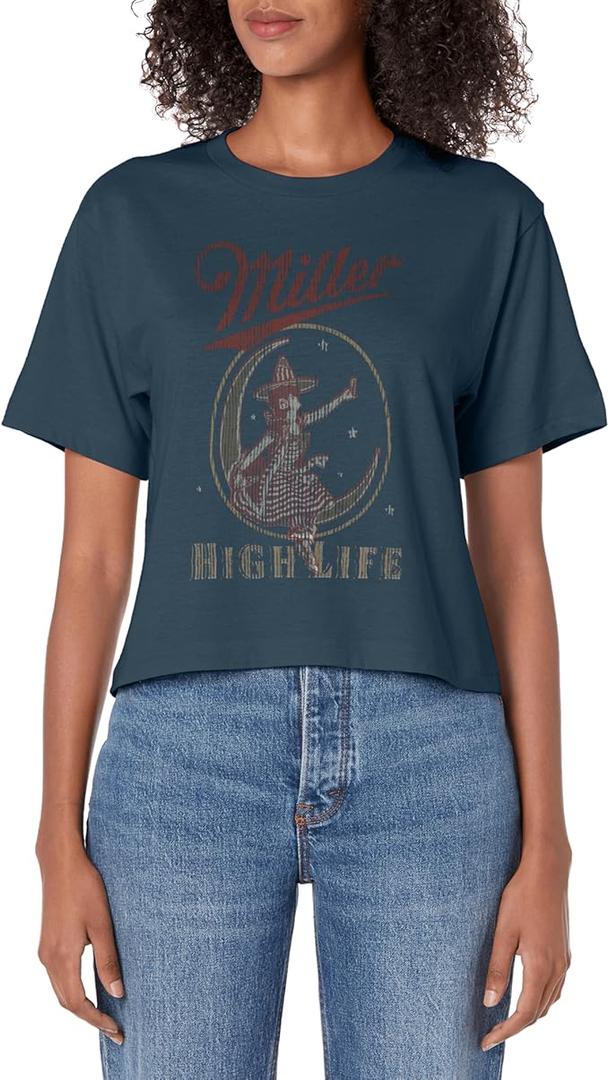 Coors Miller High Life Vintage Moon Logo Women's Crop Top, Size L, Blue 