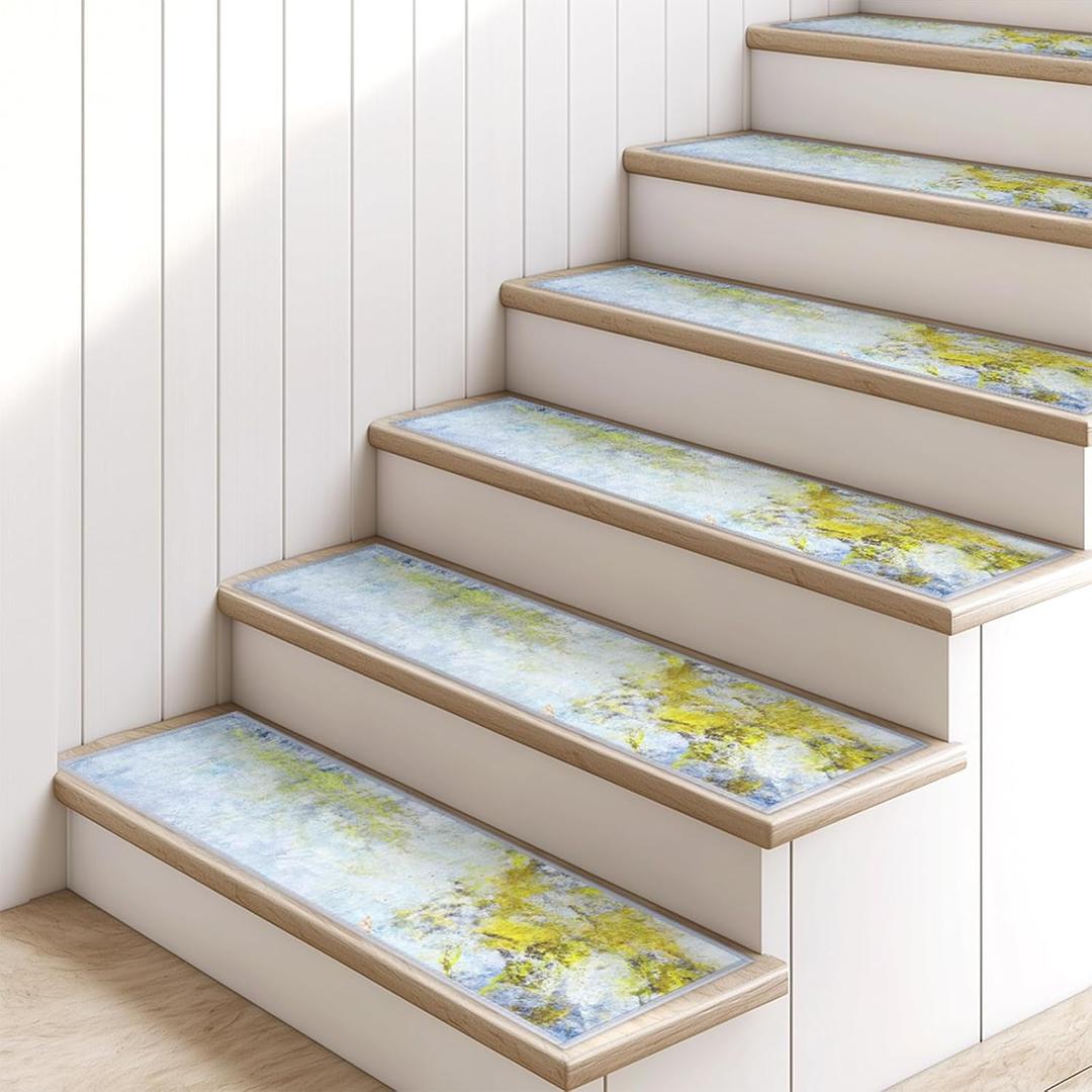 Oil Painting Style Stair Treads for Wooden Steps Indoor, Non Slip Stair Runner Carpet with Self-Adhesive Backing, 9" X 28" 15Pcs Electro