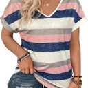 Verdusa Women's Plus Size Striped Color Block T Shirt V Neck Short Sleeve Casual Tee Tops